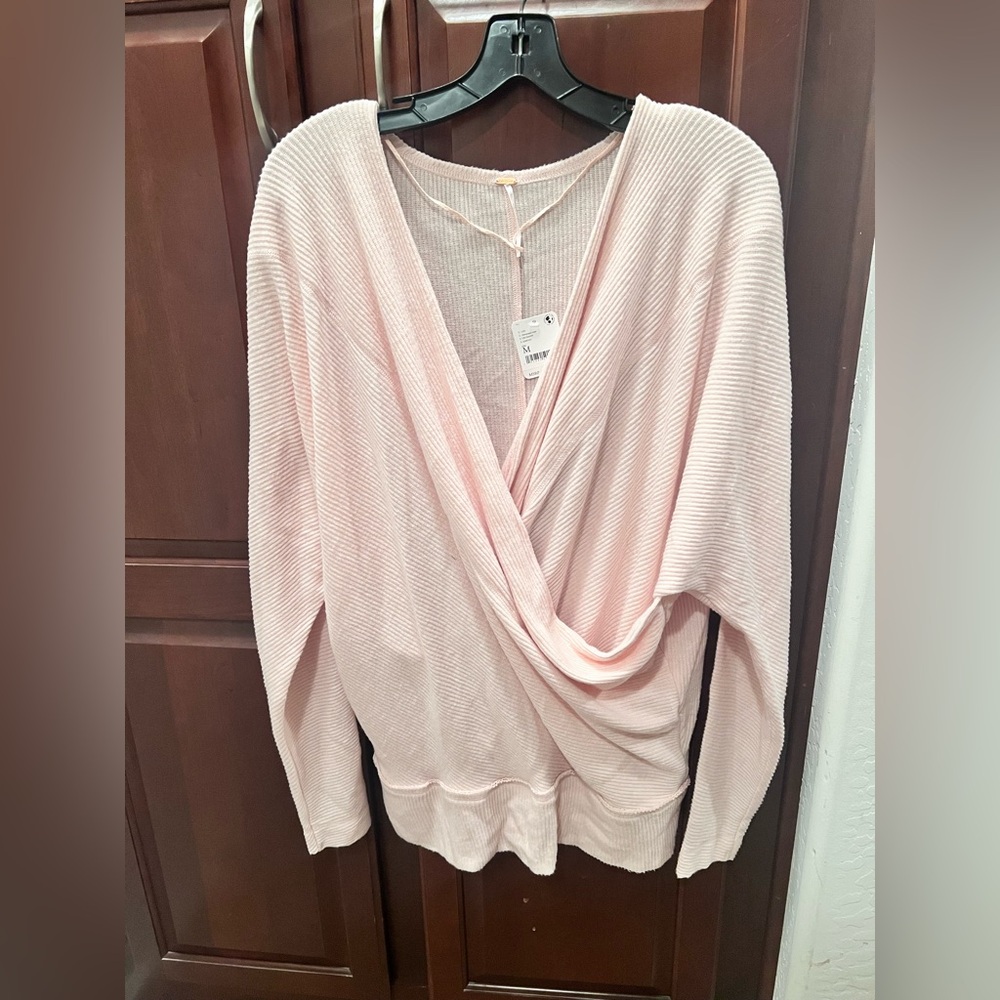 Free People Womens Pink Long Sleeve Surplice Neck Knitted Pullover Sweater Sz M